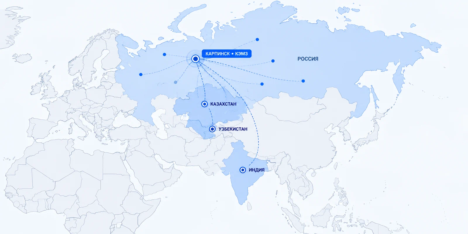 Карта поставок КЭМЗ: Карпинск, Россия, Казахстан, Узбекистан, Индия