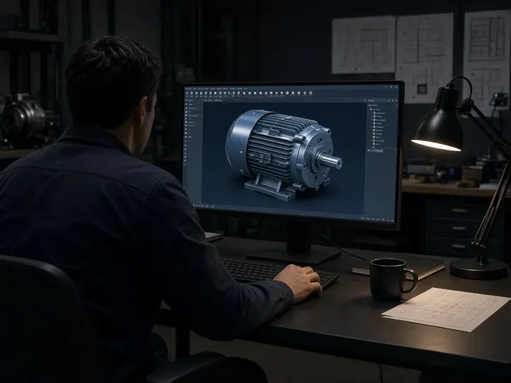 Инженер за монитором с 3D-моделью электрической машины